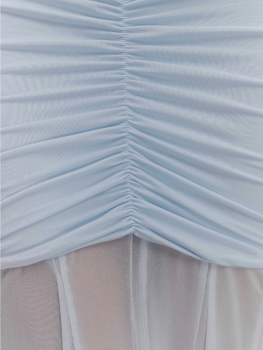 Meshki Off-Shoulder Pale Blue Ruched Mesh Gown - Picture 4 of 6